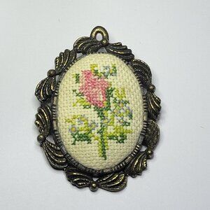 Cross Stitch Floral Vintage Brooch Pendant Signed the Creative Circle Flower